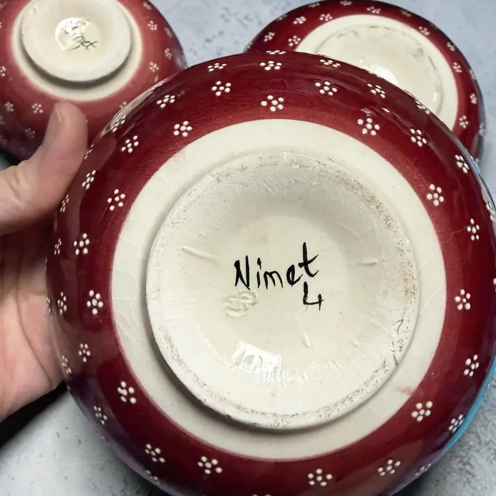 Nimet Handmade Hand Painted Turkish Bowl Set of 4 Red Floral Pottery